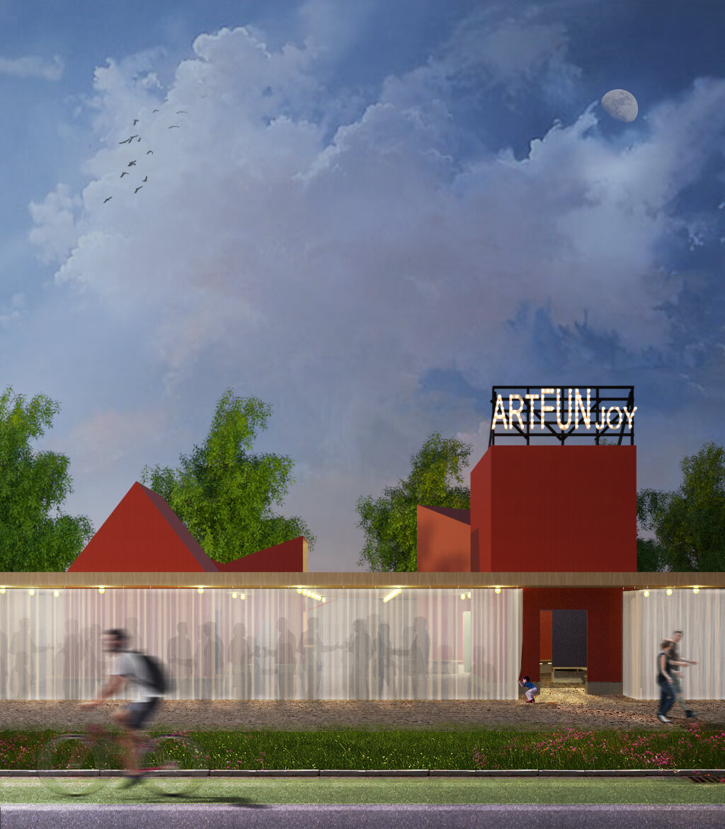 Porta Rosa pavilion seen from the street at dusk