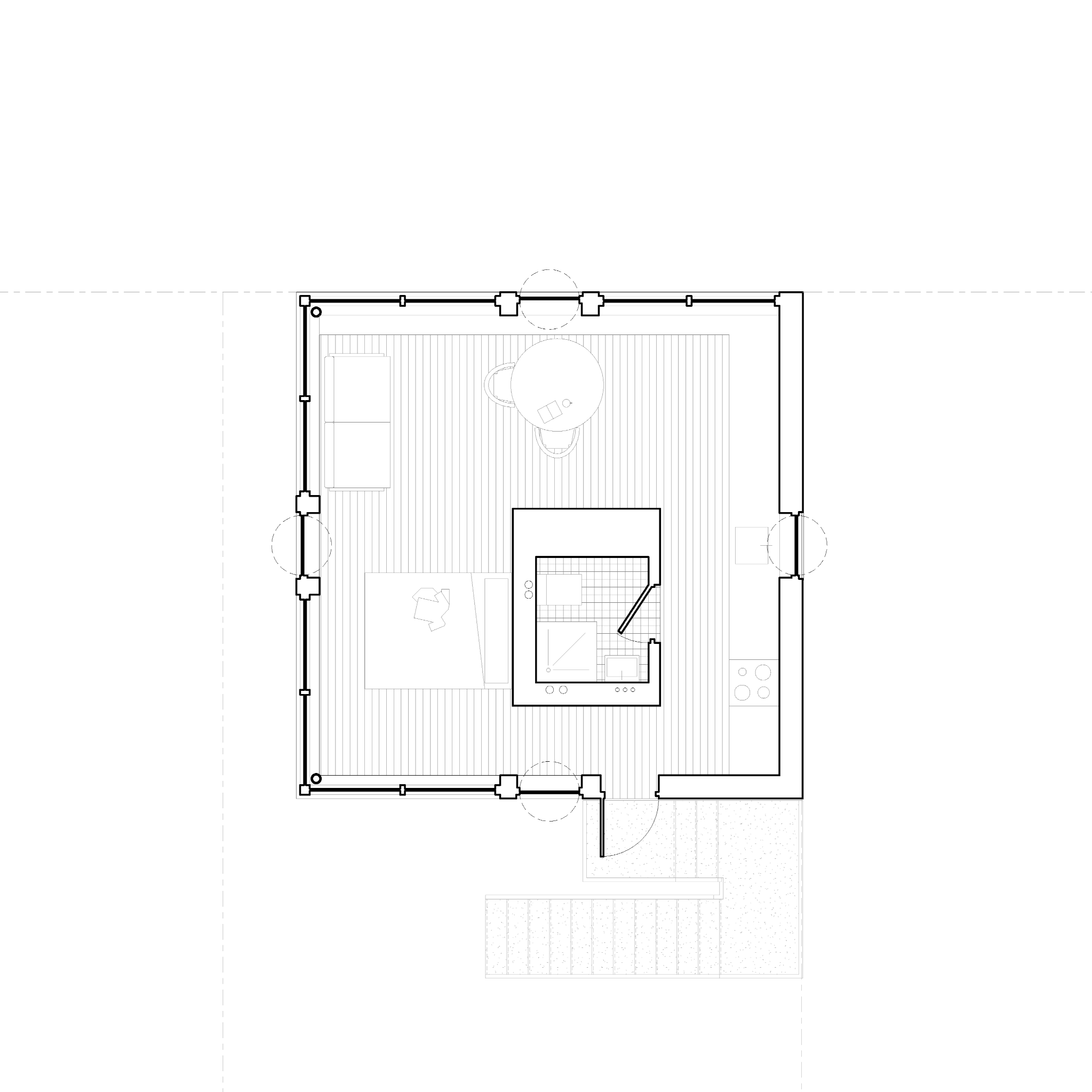 Floor plan showing the open living space organized around a central service core